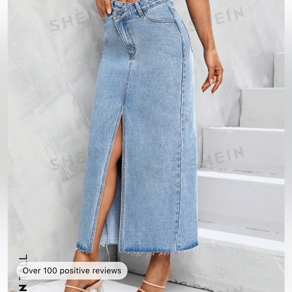 shein midi cross over denim shirt with slit - Picture 2 of 3